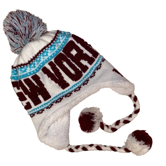 New York Beanie Trapper Hat w/ Ear Flaps, Braided Ties and Pom Poms WHT-BLU-BUR - Picture 1 of 7